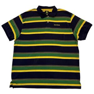 John Deere Tractor Navy Green Yellow Striped Logo Shirt 100% Cotton Polo Size XL